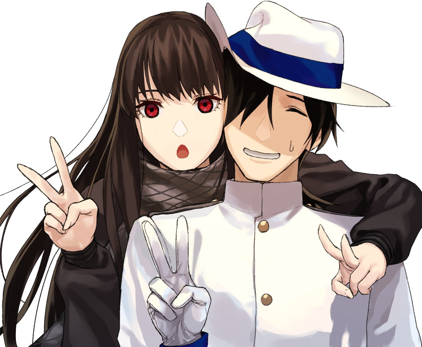 1boy 1girl :o black_shirt brown_hair closed_eyes commentary_request fate/grand_order fate_(series) gloves grey_scarf hands_up hat highres jacket long_hair long_sleeves oryou_(fate) red_eyes sakamoto_ryouma_(fate) scarf shirt simple_background smile v white_background white_gloves white_hat white_jacket zonotaida