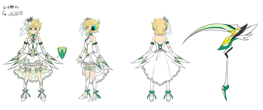 1girl akatsuki_kirika alternate_costume ankle_ribbon armlet artist_request backless_dress backless_outfit bare_shoulders blonde_hair bow character_sheet choker collarbone crown dress flower flower_ornament flower_request frilled_choker frilled_dress frilled_garter frills from_behind from_side green_choker green_dress green_eyes green_garter green_ribbon hair_between_eyes headphones high_heels lace lace-trimmed_skirt layered_dress leg_garter looking_at_viewer mini_crown multiple_views official_art overskirt print_dress profile ribbon rose scythe senki_zesshou_symphogear senki_zesshou_symphogear_xd_unlimited short_dress short_hair shoulder_blades simple_background skirt smile standing symphogear_pendant translated veil wedding_dress white_background white_bow white_dress white_flower white_footwear white_frills white_legwear white_rose white_skirt