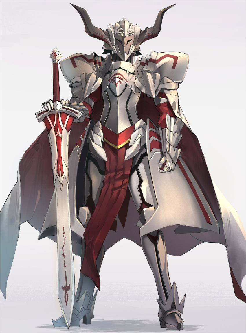 armor armored_boots boots breastplate clarent commentary_request fate/apocrypha fate/grand_order fate_(series) faulds full_armor gauntlets greaves helmet highres holding holding_sword holding_weapon isegawa_yasutaka knight looking_at_viewer mask mordred_(fate) mordred_(fate)_(all) pauldrons standing sword weapon