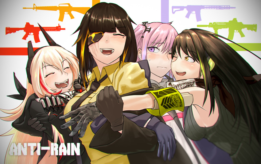 4girls anti-rain_(girls_frontline) ar-15 armband assault_rifle bangs black_neckwear black_ribbon blonde_hair blue_eyes blush braid breasts brown_eyes brown_hair camouflage_gloves cheek-to-cheek closed_mouth collared_shirt commentary dress eyebrows_visible_through_hair eyepatch fangs girls_frontline gloves group_hug gun hair_between_eyes hair_ornament hair_ribbon half-closed_eye headgear headphones highres hug jacket long_hair long_sleeves looking_at_viewer m16 m16a1 m16a1_(girls_frontline) m4_carbine m4_sopmod_ii m4_sopmod_ii_(girls_frontline) m4a1_(girls_frontline) medium_breasts mole mole_under_eye multicolored_hair multiple_girls necktie off_shoulder one_eye_closed one_side_up open_mouth pink_hair prosthesis prosthetic_arm redhead ribbed_sweater ribbon rifle scar scar_across_eye scarf sd_bigpie shirt sidelocks smile st_ar-15_(girls_frontline) streaked_hair sweatdrop sweater sweater_vest weapon yellow_shirt
