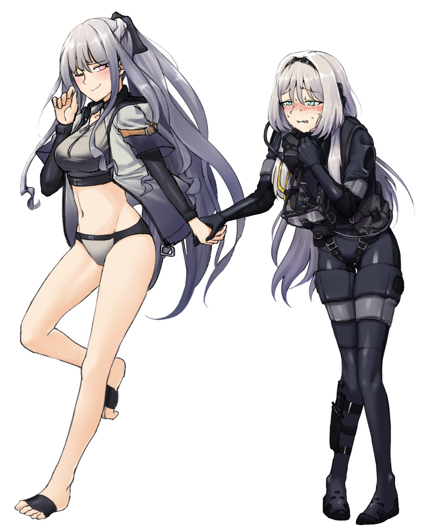2girls ak-12_(girls_frontline) alternate_costume alternate_hair_color an-94_(girls_frontline) ankle_holster bangs bikini black_ribbon blue_eyes blush braid breasts closed_mouth combat_knife diving_mask diving_suit embarrassed eyebrows_visible_through_hair french_braid full_body girls_frontline grey_jacket groin hairband hand_holding hand_up highres holding_goggles jacket knees_together_feet_apart knife long_hair looking_at_viewer medium_breasts multiple_girls navel no_shoes one_eye_closed open_clothes open_jacket open_mouth ribbon sd_bigpie sidelocks silver_bikini silver_hair simple_background smile standing stomach sweat swimsuit very_long_hair violet_eyes wavy_mouth weapon white_background