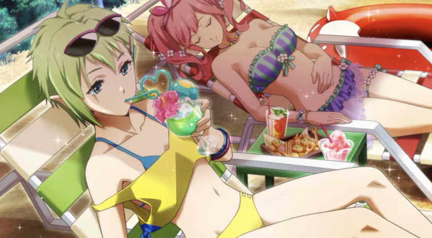 2girls beach beach_umbrella bikini blue_eyes breasts cleavage closed_eyes drink drinking drinking_straw flower flower_in_drink frilled_bikini frills green_hair hand_on_own_stomach highres inflatable_toy jewelry large_breasts long_hair lying macross macross_delta makina_nakajima multiple_girls navel necklace official_art on_back pink_hair pointy_ears pool_chair reina_prowler shaved_ice short_hair sleeping small_breasts snack sunglasses swimsuit twintails umbrella uta_macross_sumaho_deculture