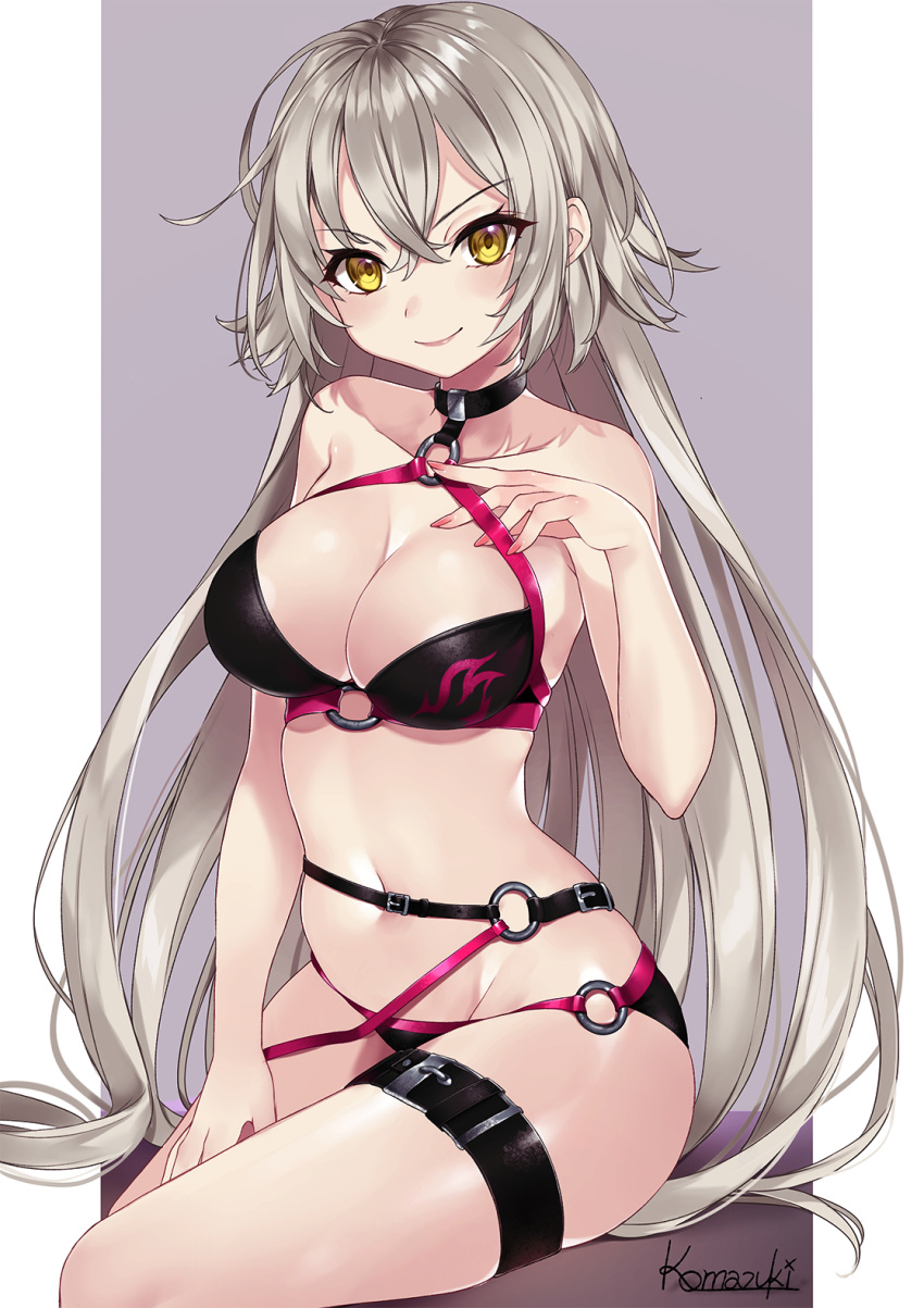 1girl ahoge artist_name bare_arms bare_shoulders bikini black_bikini black_choker border choker closed_mouth commentary_request cowboy_shot eyebrows_visible_through_hair fate/grand_order fate_(series) hair_between_eyes highres jeanne_d'arc_(alter)_(fate) jeanne_d'arc_(alter_swimsuit_berserker) jeanne_d'arc_(fate)_(all) komazuki_(komaworks240) long_hair looking_at_viewer midriff navel o-ring o-ring_bikini o-ring_bottom o-ring_top outline outside_border pale_skin signature simple_background single_thighhigh sitting smile solo stomach strap_pull swimsuit thigh-highs thigh_strap thighs very_long_hair waist yellow_eyes