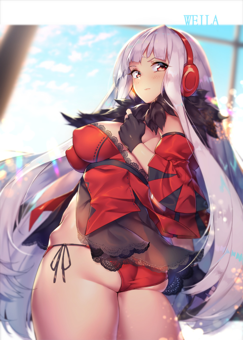 1girl ass bare_shoulders breasts covered_nipples detached_sleeves forever_7th_capital from_behind fur_collar headphones highres lace large_breasts long_hair looking_back orange_eyes panties see-through shennai_misha side-tie_panties silver_hair underwear vera_(forever_7th_capital)