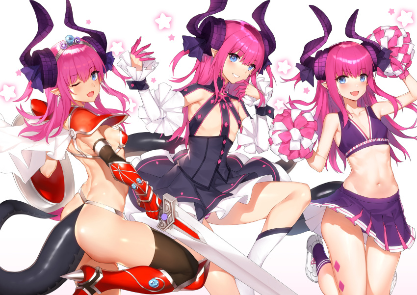 1girl blue_eyes blush detached_sleeves dragon_girl dragon_horns dragon_tail elizabeth_bathory_(fate) elizabeth_bathory_(fate)_(all) eyebrows_visible_through_hair fate/grand_order fate_(series) highres holding holding_sword holding_weapon horns long_hair looking_at_viewer midriff multiple_views navel pink_hair simple_background smile solo star sword tail weapon white_background yykuaixian