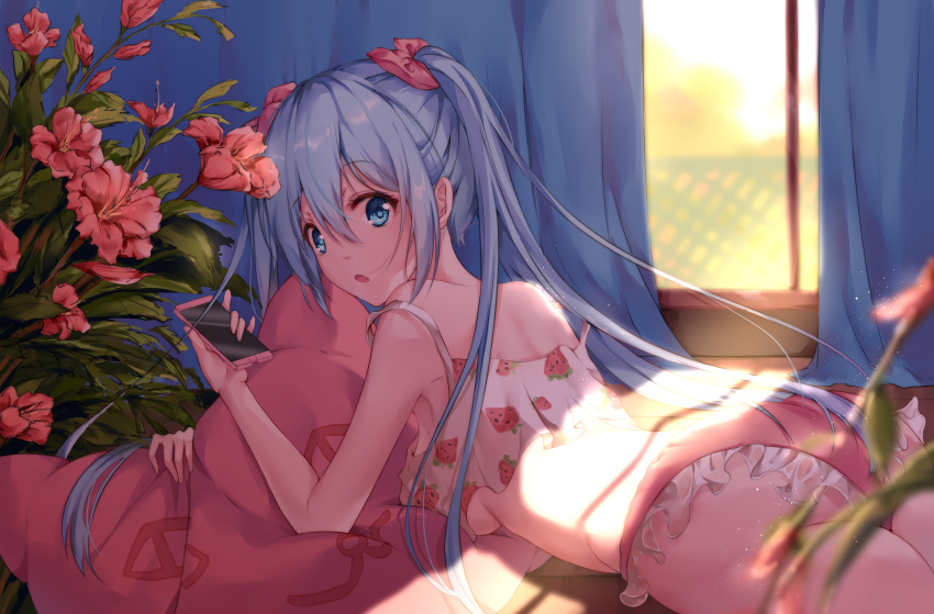 1girl absurdres bed blue_eyes blue_hair breasts camisole cat_pillow cellphone curtains flower hair_between_eyes hatsune_miku highres indoors long_hair looking_at_viewer lying medium_breasts midriff on_stomach panties phone pillow sidelocks smartphone solo suyi-j twintails underwear vocaloid window