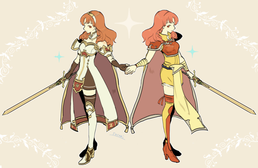 2girls armor artist_name bandage bandaged_arm bandages black_gloves breastplate celica_(fire_emblem) closed_mouth detached_collar dual_persona fingerless_gloves fire_emblem fire_emblem_echoes:_mou_hitori_no_eiyuuou fire_emblem_gaiden fire_emblem_heroes gloves hair_ornament hairband hand_holding high_heels holding holding_sword holding_weapon long_hair multiple_girls pelvic_curtain red_eyes redhead sasaki_(dkenpisss) shoulder_armor sword weapon