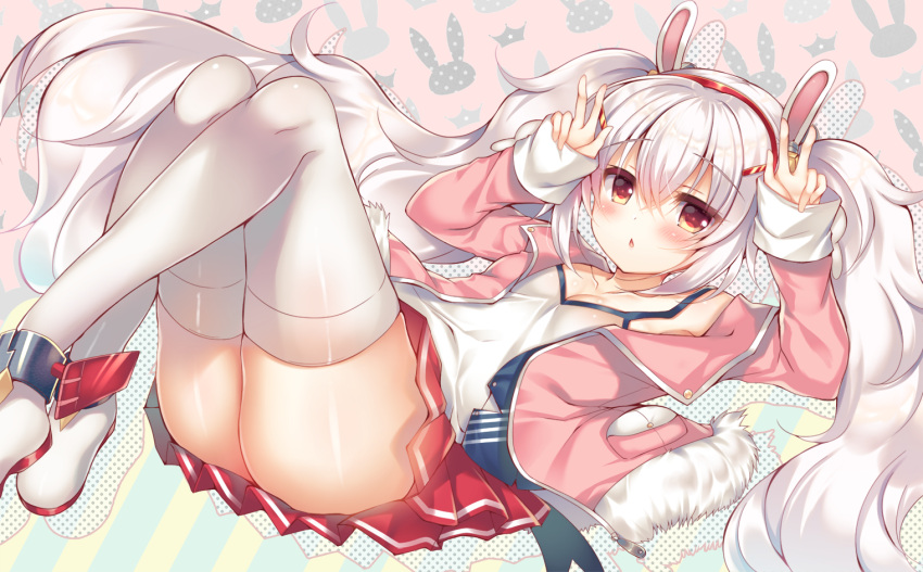 1girl animal_ears ass azur_lane bangs blush boots camisole commentary_request double_w eyebrows_visible_through_hair fur_trim hairband halftone halftone_background hands_up jacket laffey_(azur_lane) legs_together long_sleeves looking_at_viewer lying on_back open_clothes open_jacket parted_lips pink_jacket pleated_skirt rabbit_ears red_eyes red_skirt skirt sleeves_past_wrists solo suzune_rena thigh-highs twintails w white_camisole white_hair white_legwear