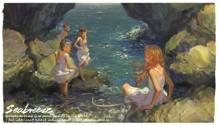 4girls alphonse_(white_datura) bare_shoulders barefoot blonde_hair bow braid brown_eyes brown_hair day dress dress_lift english glasses hair_bow hair_over_shoulder hairband highres lifted_by_self long_hair looking_at_another looking_at_viewer looking_away multiple_girls open_mouth original outdoors red-framed_eyewear rock short_hair sitting smile standing strapless strapless_dress water white_dress wind