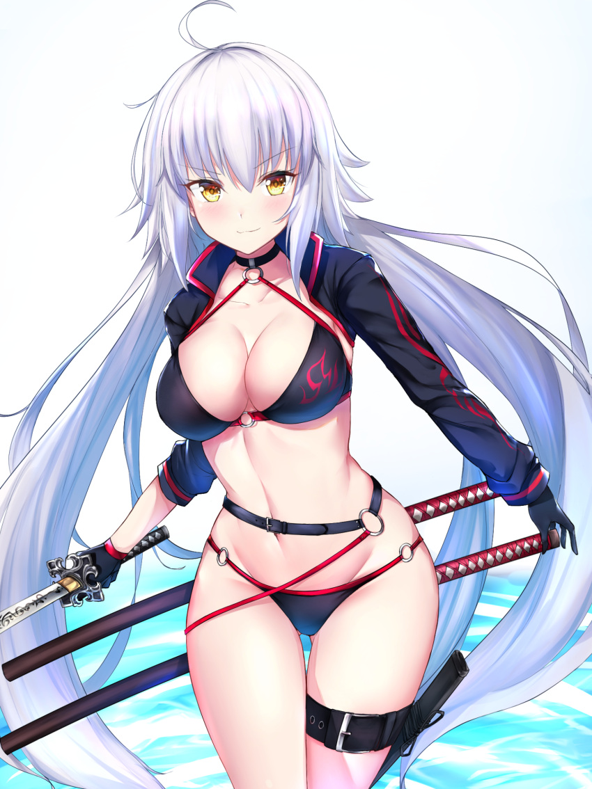 1girl agibe bikini black_bikini black_gloves blush breasts closed_mouth commentary_request fate/grand_order fate_(series) gloves gradient gradient_background highres holding holding_sword holding_weapon jeanne_d'arc_(alter_swimsuit_berserker) jeanne_d'arc_(fate)_(all) katana leg_belt long_hair long_sleeves looking_at_viewer medium_breasts navel o-ring o-ring_bikini silver_hair smile solo standing swimsuit sword very_long_hair weapon yellow_eyes