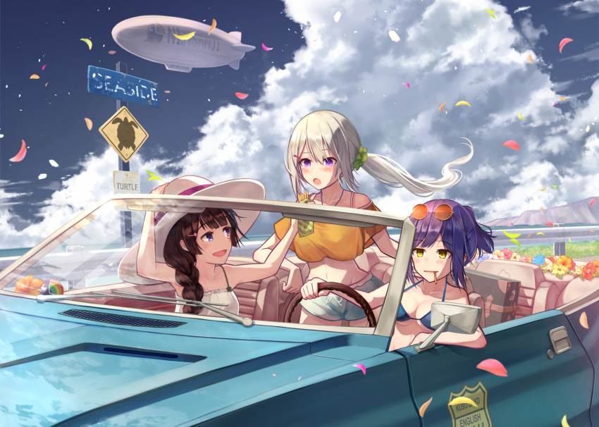3girls :d :o aircraft arm_up bangs bare_arms bare_shoulders bikini blimp blue_bikini blue_flower blue_shorts blue_sky blush braid brat breasts brown_eyes brown_hair car cleavage cliff clouds cloudy_sky commentary_request convertible copyright_name crop_top day dirigible dress driving elbow_rest english eyebrows_visible_through_hair eyewear_on_head flower food food_in_mouth green_scrunchie ground_vehicle guard_rail hair_between_eyes hair_ornament hair_over_shoulder hair_scrunchie hairclip hand_on_headwear hat hat_ribbon highres higuchi_kaede holding horizon long_hair looking_afar looking_at_another looking_back medium_breasts midriff motor_vehicle mouth_hold multiple_girls navel nijisanji ocean off-shoulder_shirt open_mouth orange-tinted_glasses orange_flower orange_shirt outdoors parted_lips petals pocky ponytail purple_hair railing red_flower ribbon road_sign round_eyewear scrunchie shirt shizuka_rin short_shorts shorts side_braid sign silver_hair single_braid sky sleeveless sleeveless_dress smile spaghetti_strap steering_wheel string_bikini suitcase sun_hat sunglasses swimsuit tsukino_mito very_long_hair violet_eyes virtual_youtuber water white_dress white_hat yellow_flower