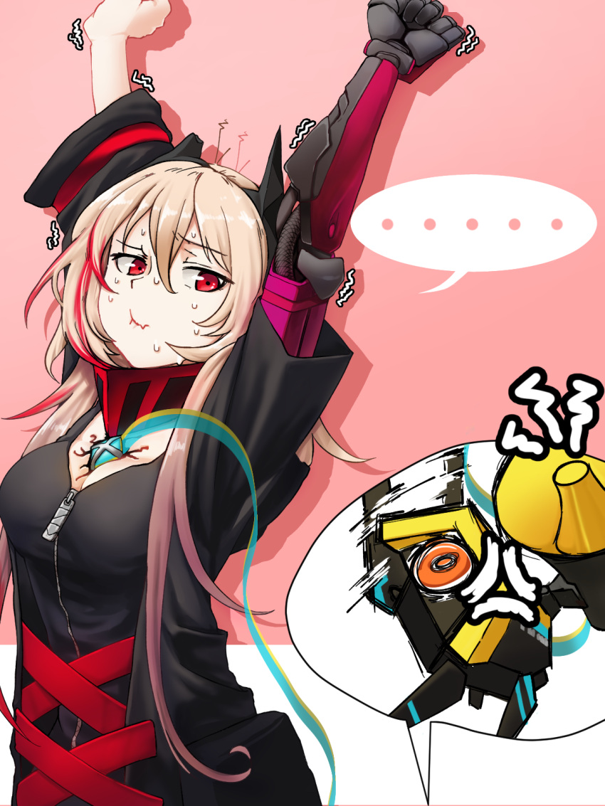 ... 1girl anger_vein arms_up bangs black_coat black_jumpsuit blush clenched_hands closed_mouth coat eyebrows_visible_through_hair fang_out gas_mask girls_frontline gloves gradient_hair hair_between_eyes head_tilt headgear highres long_hair looking_at_viewer m4_sopmod_ii_(girls_frontline) megaphone mod3_(girls_frontline) multicolored_hair multiple_straps pink_hair prosthesis prosthetic_arm red_eyes redhead ro635_(dinergate) sd_bigpie short_jumpsuit sidelocks spoken_ellipsis strap streaked_hair stretch sweat zipper_pull_tab