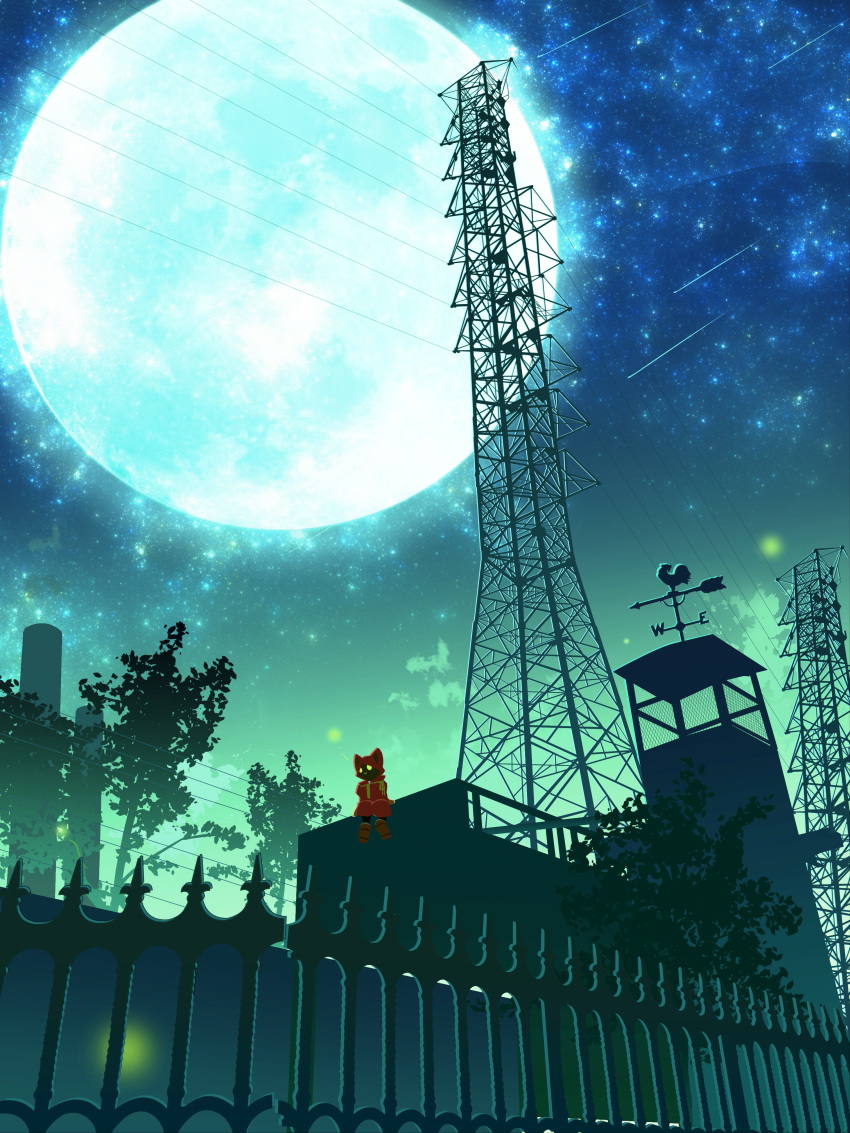 absurdres fence full_moon highres huge_filesize moon night night_sky no_humans original outdoors power_lines shooting_star sitting sky soreiyu star_(sky) starry_sky weather_vane