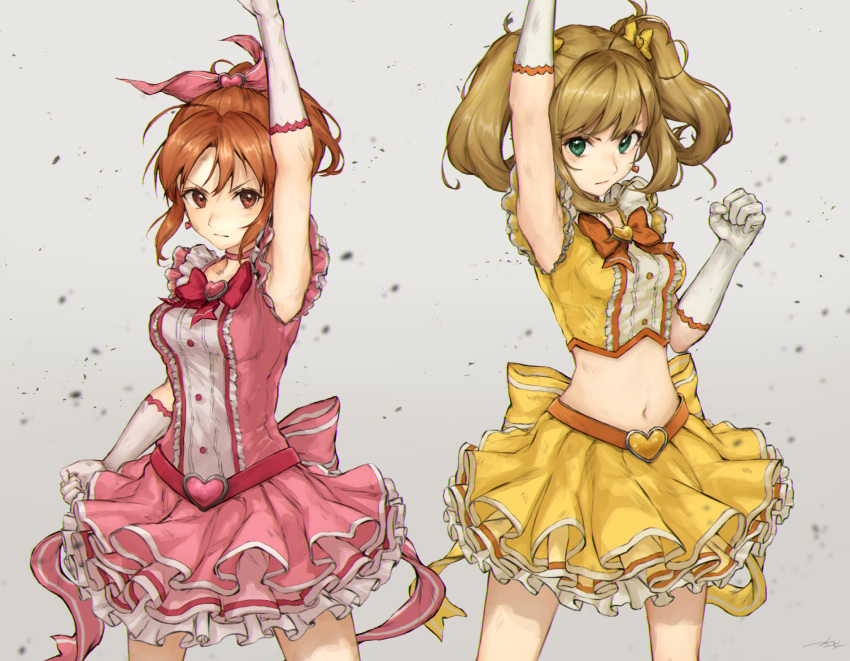 2girls abe_nana ahoge arm_up armpits back_bow belt bow bowtie brooch brown_eyes brown_hair choker clenched_hand cowboy_shot crop_top earrings elbow_gloves frilled_skirt frills gloves green_eyes hair_bow heart heart_ahoge heart_earrings highres idolmaster idolmaster_cinderella_girls idolmaster_cinderella_girls_starlight_stage jewelry kouzuki_kei layered_skirt light_brown_hair long_hair looking_at_viewer magical_girl multiple_girls navel ponytail satou_shin serious simple_background skirt sleeveless symbol_commentary twintails