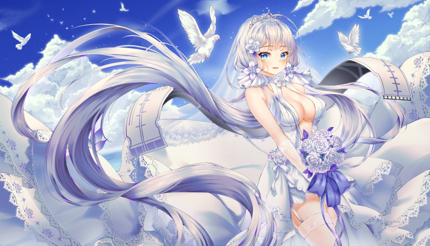 1girl absurdres ahoge alternate_costume armpits azur_lane bangs bird blue_eyes blue_sky blurry bouquet breasts bridal_veil cleavage clouds commentary_request dress elbow_gloves eyebrows_visible_through_hair flight_deck floating_hair flower gloves hair_ornament highres holding holding_bouquet illustrious_(azur_lane) lace lace-trimmed_dress large_breasts long_hair looking_at_viewer low_twintails mellozzo mole mole_under_eye no_bra ocean open_mouth rose sidelocks skindentation sky smile solo standing thigh_strap tiara twintails veil waves wedding_dress white_dress white_flower white_gloves white_hair white_legwear white_rose wind wind_lift