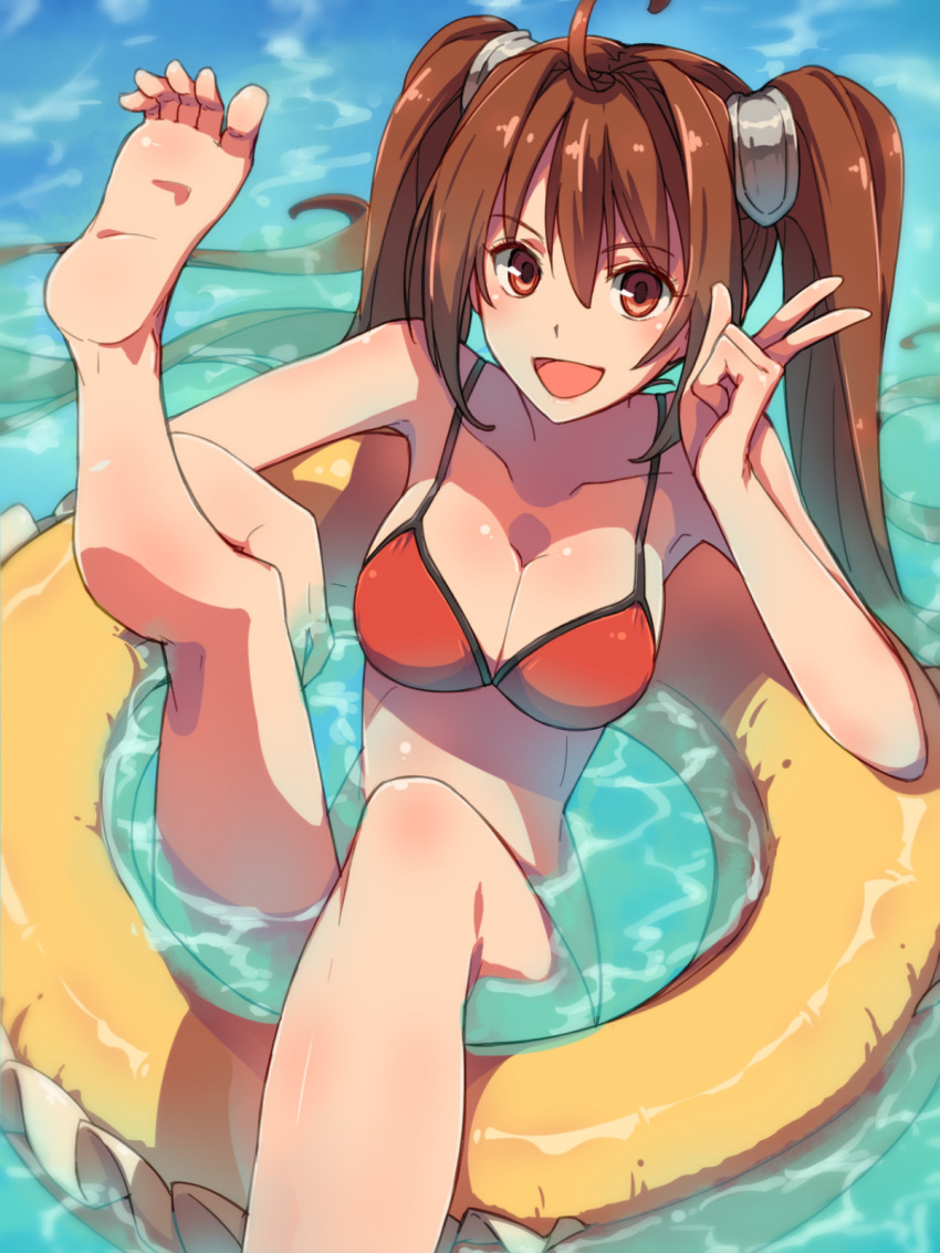 1girl ahoge barefoot bikini breasts brown_hair chiharu_(9654784) cleavage collarbone eiyuu_densetsu estelle_bright hair_between_eyes highres innertube long_hair medium_breasts open_mouth partially_submerged red_bikini red_eyes smile soles solo sora_no_kiseki swimsuit twintails v water