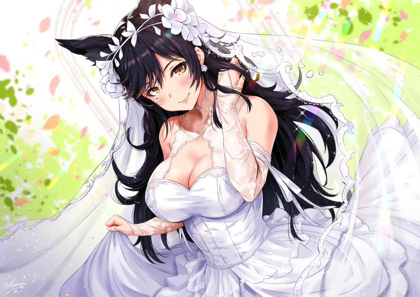 1girl adjusting_hair animal_ears armpit_crease atago_(azur_lane) azur_lane bangs bare_shoulders black_hair blush breasts bridal_gauntlets bridal_veil brown_eyes cleavage cleavage_cutout closed_mouth dress dress_lift earrings extra_ears eyebrows_visible_through_hair floating_hair gloves hair_ribbon highres jewelry large_breasts lifted_by_self light_particles light_rays long_hair looking_at_viewer mole mole_under_eye petals ribbon sakiyamama signature smile solo sparkle swept_bangs taut_clothes veil very_long_hair wedding_dress white_dress white_gloves white_ribbon wind wind_lift