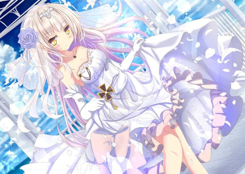 1girl aruka_(alka_p1) azur_lane bird breasts bridal_veil clouds collarbone commentary_request detached_sleeves dove dress dutch_angle feathers flower hair_flower hair_ornament iron_cross jewelry long_hair looking_at_viewer mole mole_under_eye necklace ocean petals silver_hair sky smile solo veil wedding_dress yellow_eyes z46_(azur_lane)