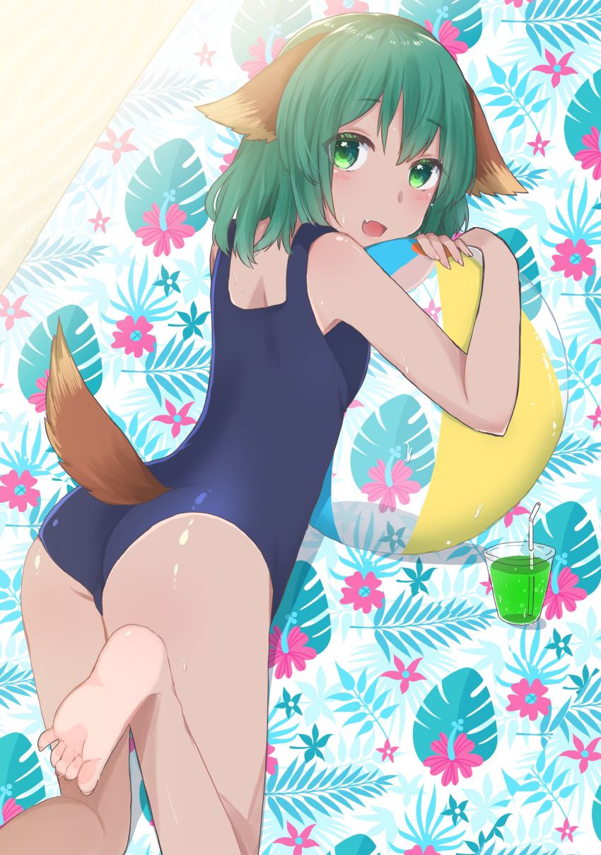 1girl absurdres animal_ears ass bad_feet ball barefoot beachball blue_swimsuit commentary_request cup drink drinking_straw error eyes_visible_through_hair fang from_behind green_eyes green_hair highres kasodani_kyouko looking_back one-piece_swimsuit sakechazuke solo swimsuit tail tan touhou