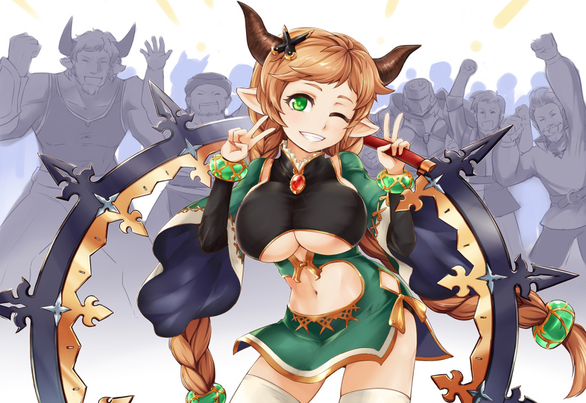 1girl 5boys ;d bracelet braid breasts brown_hair carmelina_(granblue_fantasy) cheering double_v draph dress gem granblue_fantasy green_dress green_eyes grin hair_ornament holding holding_weapon horns jewelry large_breasts long_hair looking_at_viewer multiple_boys nam_(valckiry) navel navel_cutout one_eye_closed open_mouth pointy_ears short_dress side_slit smile thigh-highs twin_braids under_boob underboob_cutout v very_long_hair weapon wide_sleeves