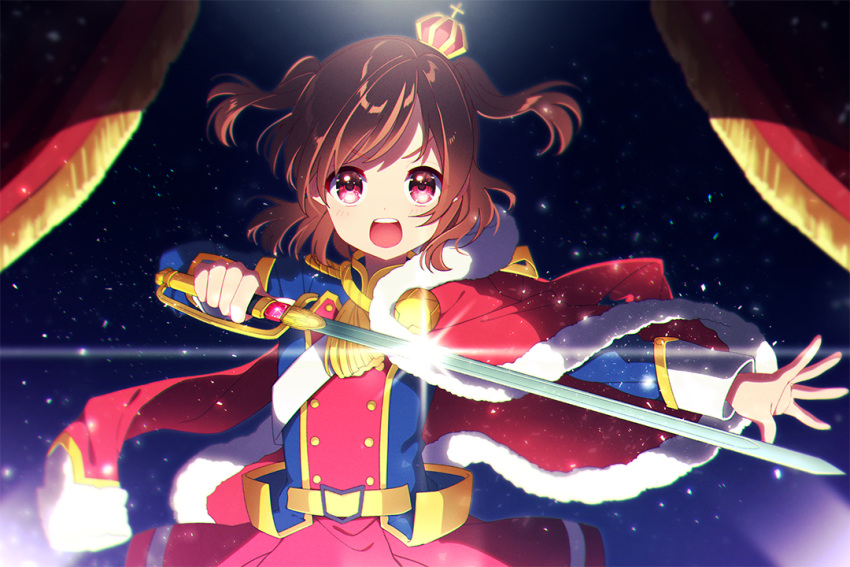 1girl aiguillette aijou_karen belt blush brown_hair crown double-breasted fur_trim holding holding_sword holding_weapon jacket_on_shoulders mamyouda mini_crown open_mouth outstretched_arm red_eyes sash shoujo_kageki_revue_starlight solo stage_curtains stage_lights sword tassel two_side_up v-shaped_eyebrows weapon