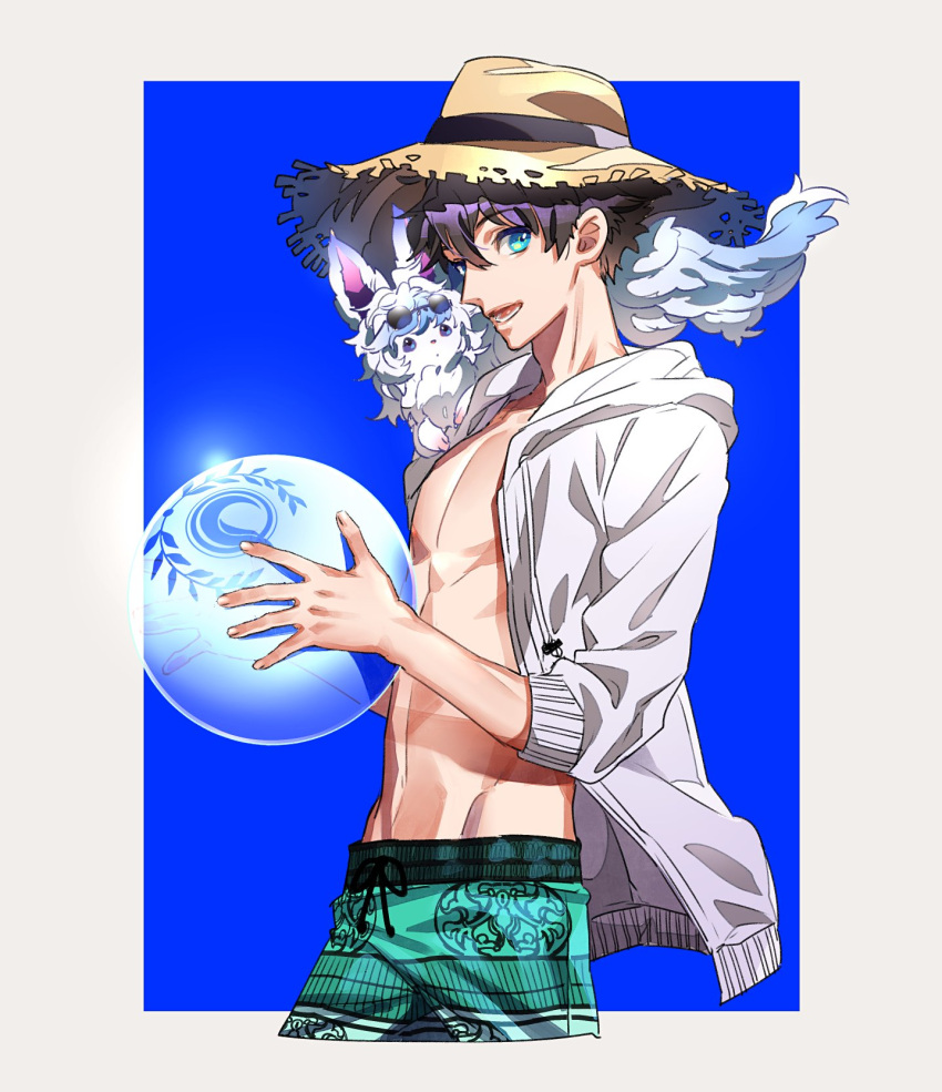 1boy ball beachball blue_background blue_eyes brilliant_summer commentary_request cowboy_shot cropped_legs eyewear_on_head fate/grand_order fate_(series) fingernails fou_(fate/grand_order) fujimaru_ritsuka_(male) glasses hat highres holding hood hood_down hooded_jacket jacket long_sleeves looking_at_viewer male_swimwear open_clothes open_jacket pince-nez purple_hair shirtless simple_background smile solo standing straw_hat sunglasses swim_briefs swimwear tenobe