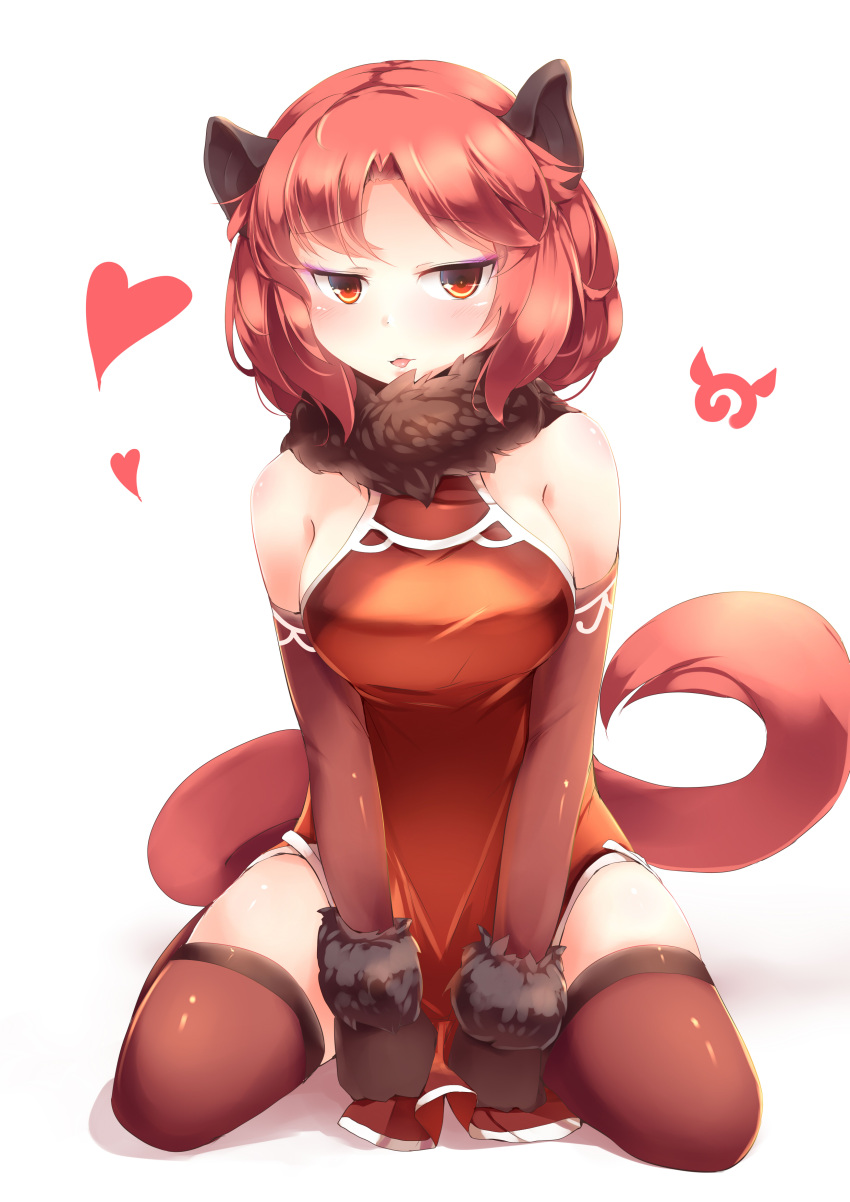 1girl absurdres animal_ears bare_shoulders china_dress chinese_clothes commentary dress elbow_gloves fur_collar fur_trim gloves heart highres howler_monkey_(kemono_friends) japari_symbol kanzakietc kemono_friends medium_hair monkey_ears monkey_tail red_dress red_eyes red_legwear redhead simple_background sitting solo tail thigh-highs white_background