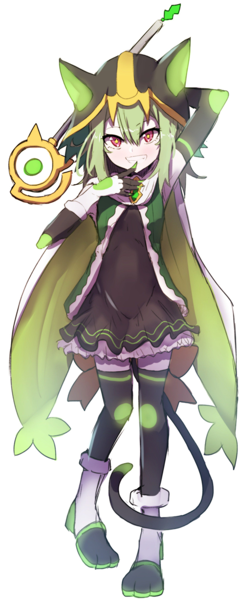 1girl absurdres animal_ears animal_hood arm_up bangs black_dress black_legwear blush boots cat_ears cat_girl cat_hood cat_tail commentary_request detached_sleeves dress eyebrows_visible_through_hair fangs gloves green_hair green_jacket grin hair_between_eyes head_tilt highres holding holding_wand hood hood_up jacket kemonomimi_mode long_hair long_sleeves looking_at_viewer original pink_hair simple_background sleeveless sleeveless_dress smile solo star star-shaped_pupils symbol-shaped_pupils tail thigh-highs wada_kazu wand white_background white_footwear white_gloves