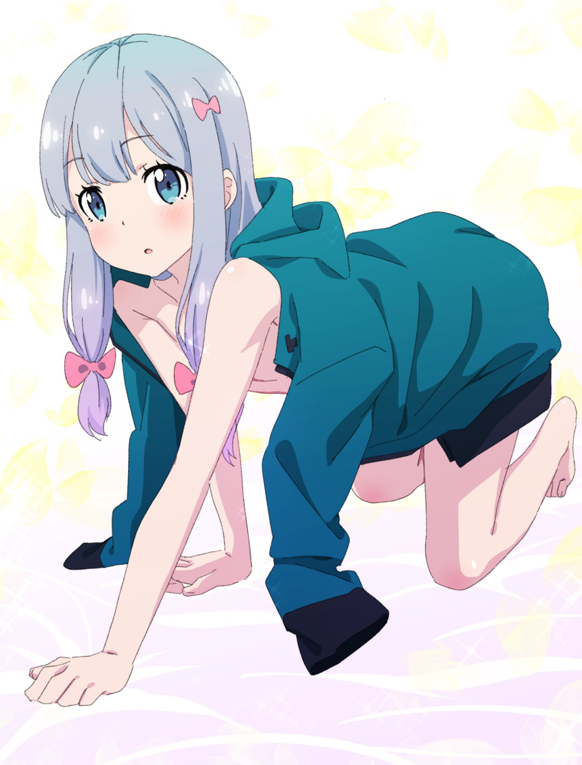 1girl all_fours aqua_jacket barefoot blue_eyes blush bow breasts collarbone eromanga_sensei eyebrows_visible_through_hair full_body hair_bow highres izumi_sagiri jacket long_hair naked_coat open_mouth pink_bow pink_x shiny shiny_hair silver_hair small_breasts solo white_background