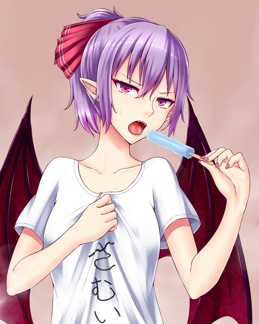 1girl brown_background collarbone fangs food hair_between_eyes hair_ornament high_ponytail highres holding ice_cream nail_polish open_mouth pointy_ears purple_hair red_eyes red_nails red_wings remilia_scarlet shiny shiny_hair shirt short_hair short_sleeves simple_background solo touhou white_shirt wings zeramu