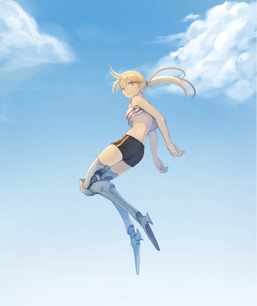 1girl bike_shorts blonde_hair blue_eyes blue_sky breasts closed_mouth clouds copyright_request crop_top floating_hair from_side full_body highres jumping long_hair looking_at_viewer looking_to_the_side mechanical_legs medium_breasts ponytail sky solo sookmo under_boob