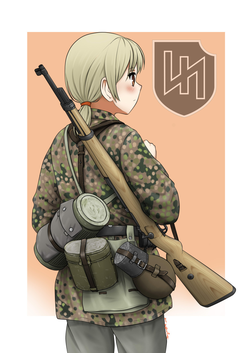 1girl absurdres blonde_hair blush bolt_action brown_eyes camouflage canteen commentary english_commentary gun highres mauser_98 military military_uniform millimeter original ponytail rifle soldier solo uniform weapon world_war_ii