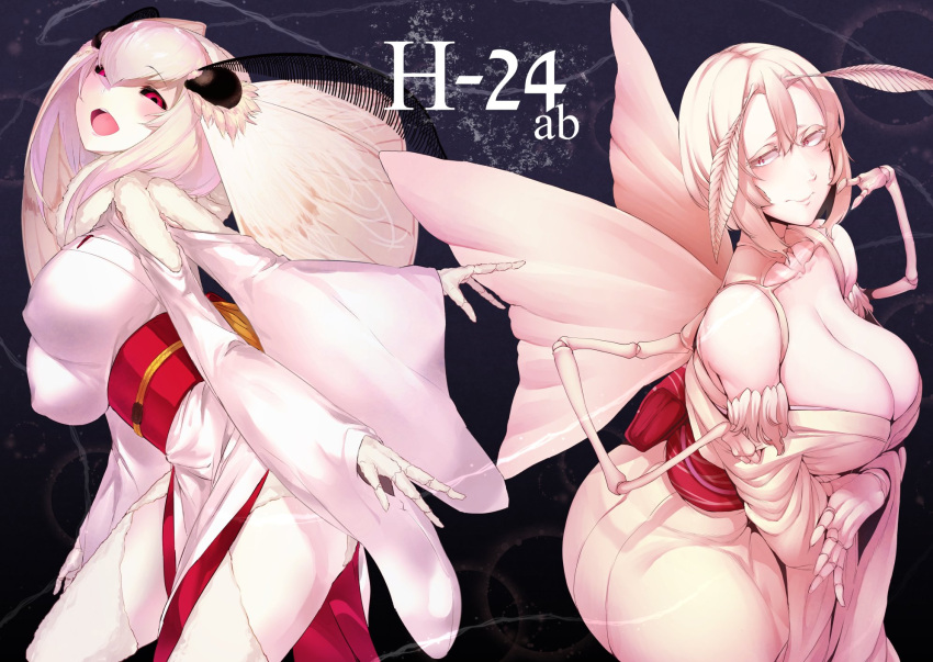 2girls :d antennae bare_shoulders black_sclera blonde_hair blush breasts cleavage closed_mouth collaboration commentary_request covered_nipples extra_arms eyebrows_visible_through_hair fewer_digits highres insect_girl insect_wings japanese_clothes kimono large_breasts looking_at_viewer mashiro_(solopipb) monster_girl moth_girl moth_wings multiple_girls nakamura_regura obi off_shoulder open_mouth original red_eyes sash short_hair smile solopipb standing white_hair white_kimono wings