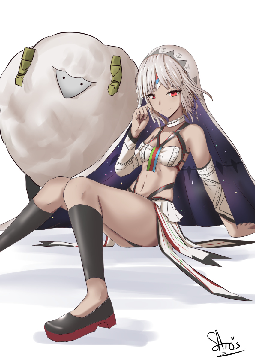 1girl absurdres altera_(fate) altera_the_santa bangs bare_shoulders collarbone dark_skin detached_sleeves eyebrows_visible_through_hair fate/extella fate/extra fate/grand_order fate_(series) foot_out_of_frame headdress highres ichikawayan legs looking_at_viewer midriff navel red_eyes sheep short_hair simple_background skirt smile socks solo tagme tan thighs veil white_hair