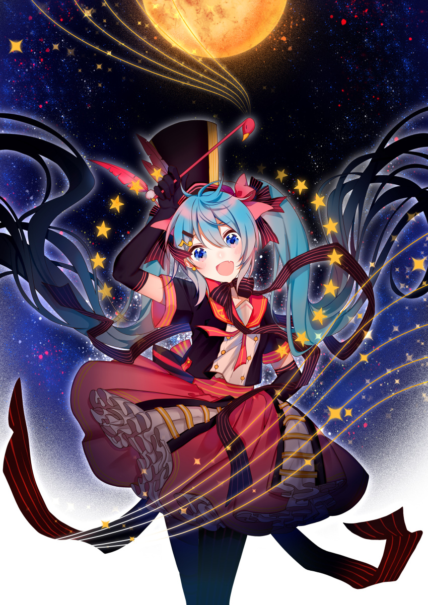 1girl :d absurdres black_gloves black_legwear blue_eyes blue_hair blush bow elbow_gloves floating_hair gloves hair_bow hair_ornament hair_ribbon hairclip hand_on_hip hatsune_miku highres huge_filesize kakami_(pixiv7616827) layered_skirt long_hair open_mouth pantyhose pink_bow pink_skirt ribbon sheath short_sleeves skirt smile solo standing striped striped_ribbon twintails very_long_hair vocaloid