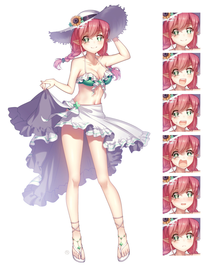 1girl absurdres bare_arms bare_shoulders bikini blush braid breasts cleavage closed_mouth commentary_request expressions flower green_bikini green_eyes hand_up hat hat_flower highres ichiren_namiro looking_at_viewer medium_breasts navel original pointy_ears redhead sandals sarong simple_background smile solo standing sun_hat sunflower swimsuit twin_braids white_background white_hat