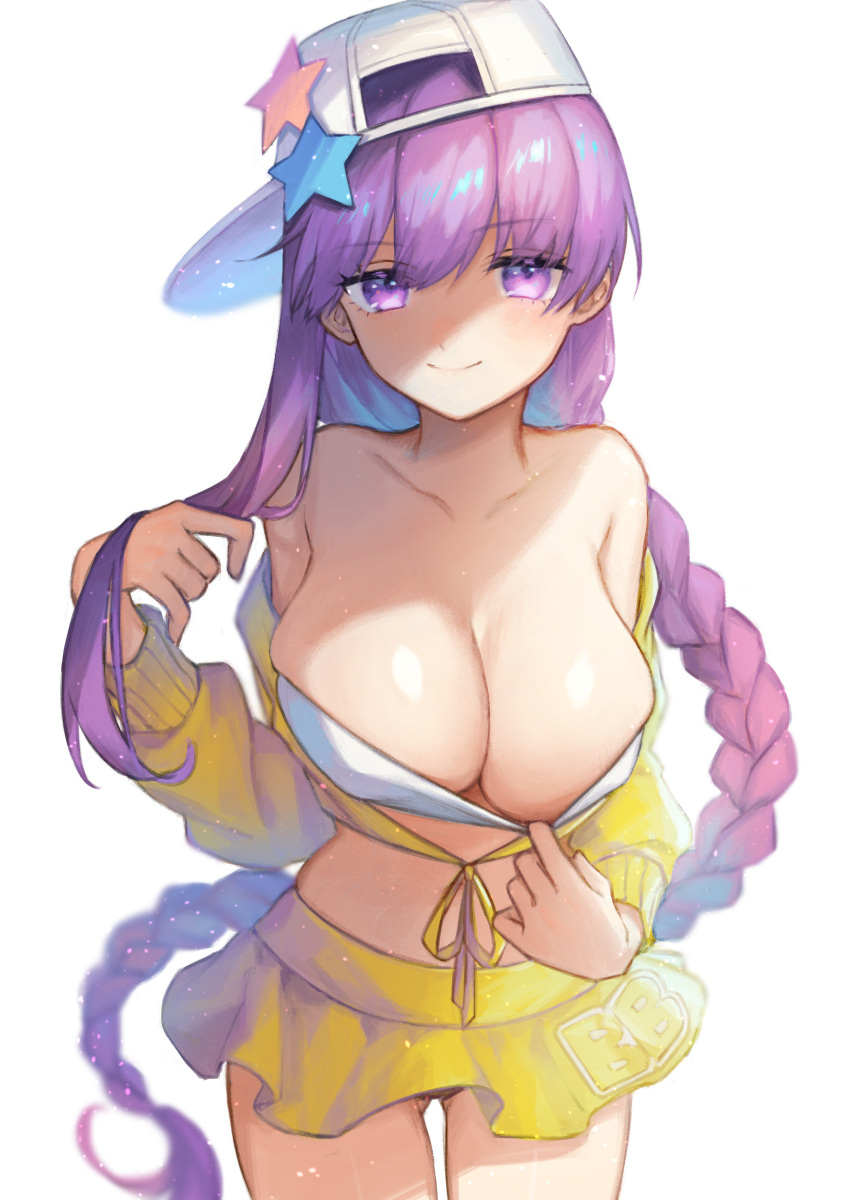 1girl absurdres backwards_hat bare_shoulders bb_(fate)_(all) bb_(swimsuit_mooncancer)_(fate) blush braid breasts cleavage eyebrows_visible_through_hair fate/grand_order fate_(series) hat highres large_breasts long_hair looking_at_viewer navel purple_hair smile solo star swimsuit usuke_(u_skeeep) very_long_hair violet_eyes white_hat