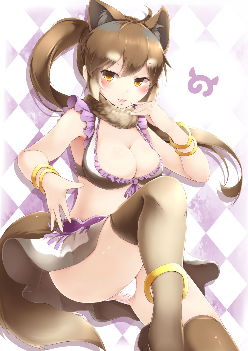1girl :3 :d absurdres animal_ears argyle argyle_background blush bracelet breasts brown_hair cleavage commentary extra_ears eyebrows_visible_through_hair fang fur_collar hand_to_own_mouth highres indian_wolf_(kemono_friends) japari_symbol jewelry kanzakietc kemono_friends large_breasts light_brown_legwear long_hair looking_at_viewer open_mouth orange_hair panties ponytail skirt smile solo tail thigh-highs underwear v-shaped_eyebrows white_panties wolf_ears wolf_tail