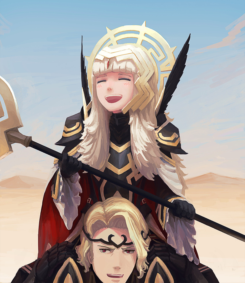 1boy 1girl armor black_armor black_gloves blonde_hair blue_sky cape carrying circlet closed_eyes crown day fakewaffle fire_emblem fire_emblem_heroes fire_emblem_if gloves grey_hair hair_ornament highres holding holding_staff long_hair long_sleeves marks_(fire_emblem_if) open_mouth outdoors red_eyes short_hair shoulder_armor shoulder_carry sky staff veronica_(fire_emblem)