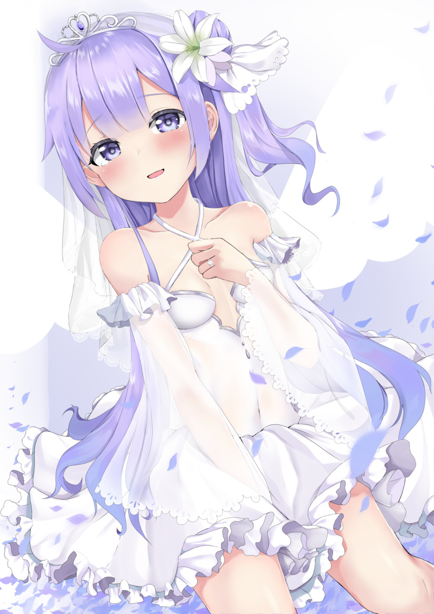 1girl :d azur_lane bangs bare_shoulders blush breasts commentary_request covered_navel criss-cross_halter detached_sleeves dress dutch_angle eyebrows_visible_through_hair frilled_dress frills hair_bun halterneck highres jewelry long_hair long_sleeves looking_at_viewer one_side_up open_mouth petals purple_hair ring see-through see-through_sleeves senagawa_roro side_bun simple_background small_breasts smile solo unicorn_(azur_lane) very_long_hair violet_eyes wedding_band white_background white_dress wide_sleeves