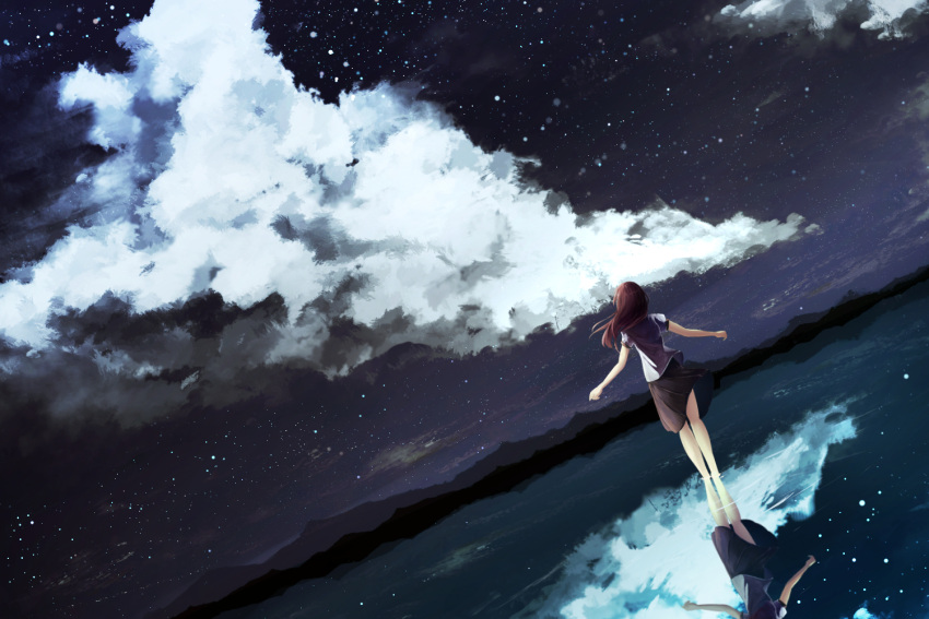 1girl barefoot black_skirt clouds cloudy_sky dutch_angle from_behind hyoketu001 lake light_particles long_hair original outdoors reflection revision ripples scenery shirt short_sleeves skirt sky solo standing wading white_shirt