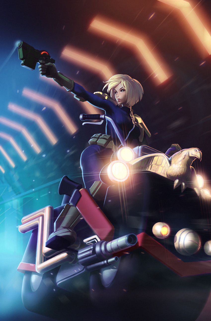 1girl 2000_ad black_eyes blonde_hair bodysuit cover_image dredd gloves ground_vehicle gun headlights highres holding holding_gun holding_weapon ilya_kuvshinov judge_anderson lips looking_to_the_side motion_blur motor_vehicle motorcycle outstretched_arm parted_lips science_fiction short_hair shoulder_pads solo tunnel weapon