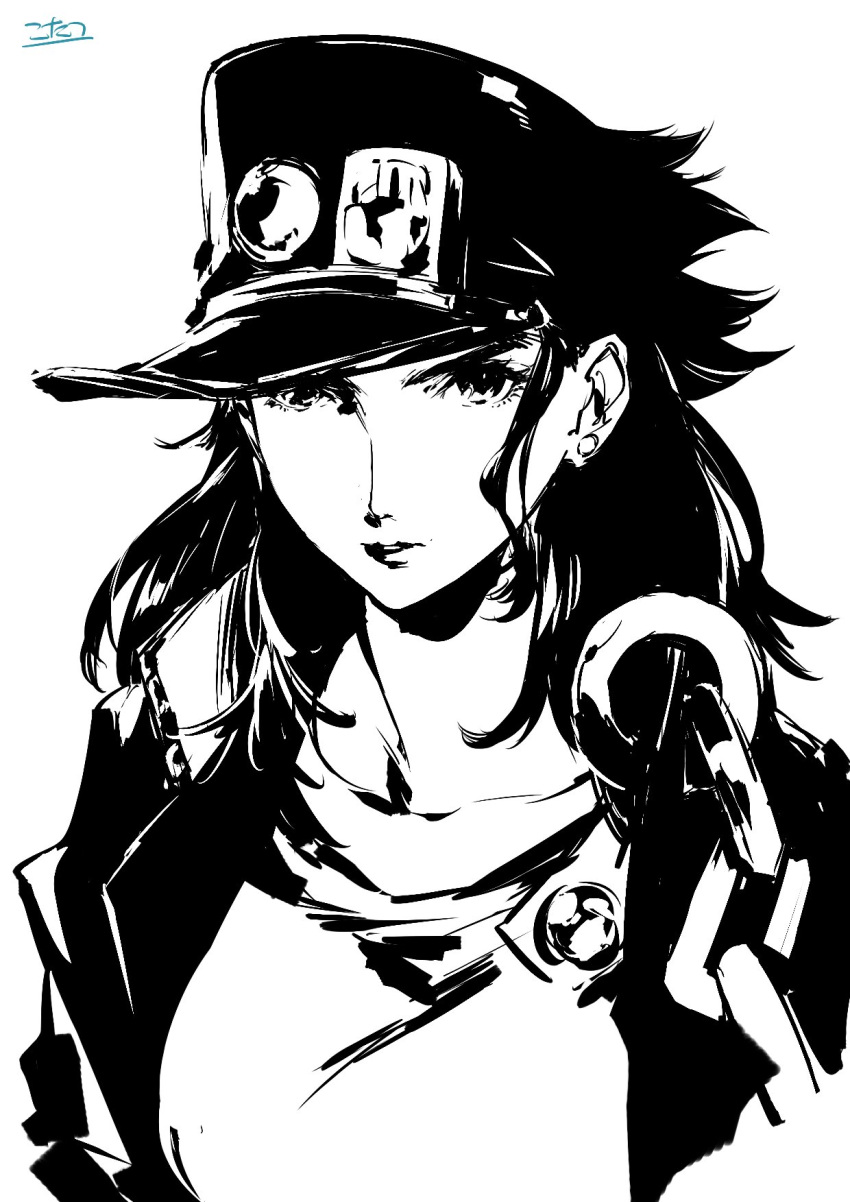 1girl closed_mouth coat commentary_request genderswap genderswap_(mtf) greyscale hat hat_pin highres jojo_no_kimyou_na_bouken kotatsu_(g-rough) kuujou_joutarou looking_at_viewer monochrome open_clothes open_coat peaked_cap shirt simple_background solo stardust_crusaders upper_body white_background