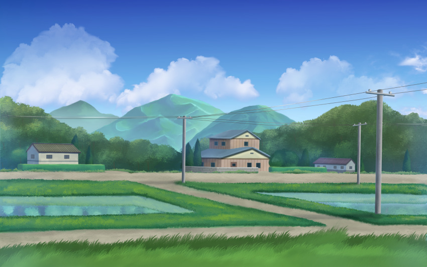 biako blue_sky bush clouds commentary_request day grass hedge_(plant) highres house mountain no_humans original outdoors power_lines revision rice_paddy road rural scenery sky telephone_pole water window
