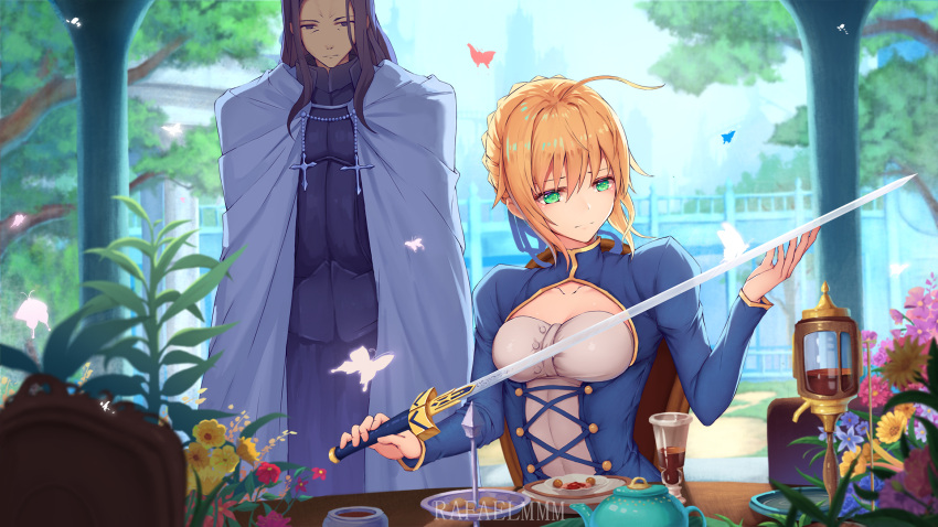 1boy 1girl ahoge aqua_eyes armor artist_name artoria_pendragon_(all) blonde_hair bug butterfly cape chair collarbone fate/zero fate_(series) flower glass highres holding holding_sword holding_weapon insect kettle outdoors purple_hair rafael-m saber sitting sword table tower tray tree violet_eyes weapon