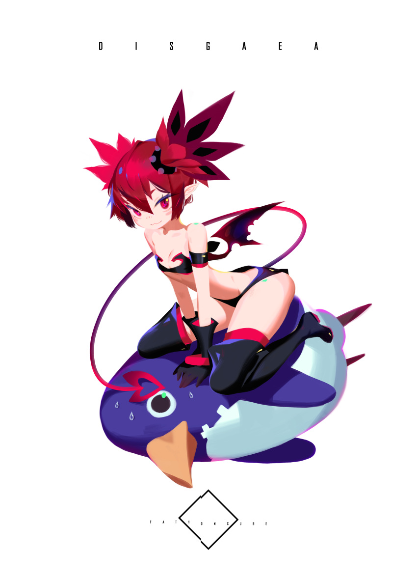 1girl absurdres artist_name bat_wings black_gloves black_legwear copyright_name demon_girl demon_tail disgaea disgaea_d2 earrings etna fathomcube flat_chest gloves hair_between_eyes highres jewelry looking_at_viewer mini_wings navel pointy_ears prinny red_eyes redhead short_hair short_shorts shorts sitting sitting_on_person smile tail thigh-highs twintails wariza white_background wings