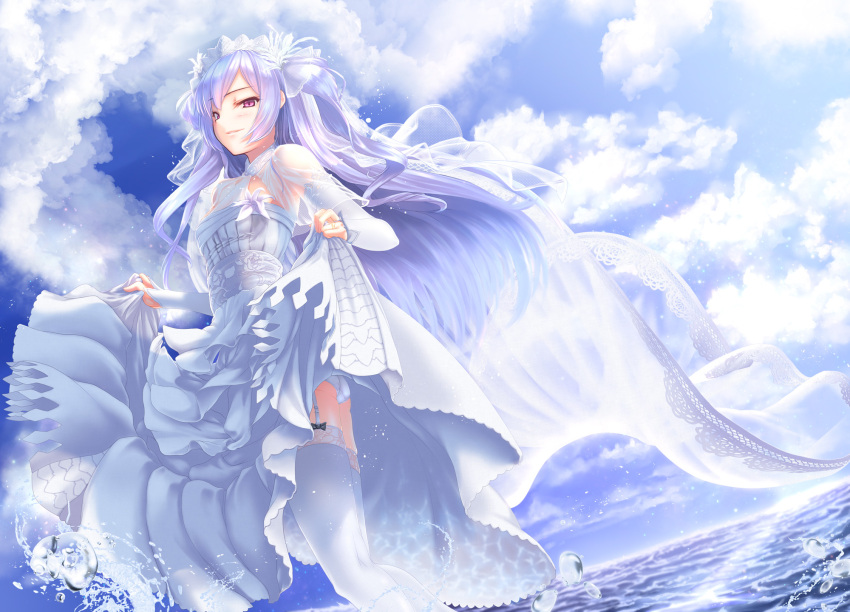 1girl ajax_(azur_lane) alternate_costume alternate_hairstyle arm_ribbon ass azur_lane bangs blush breasts bridal_veil bride choker cleavage closed_mouth collar collarbone day detached_sleeves dress dress_lift eyebrows_visible_through_hair floating_hair flower frills garter_straps gizensha gloves hair_ornament hairclip highres jewelry layered_dress lifted_by_self light_particles long_hair looking_at_viewer medium_breasts ocean outdoors purple_hair red_eyes ribbon ring see-through_sleeves smile solo splashing thigh-highs thighs twisted_torso two_side_up veil water water_drop wedding_band wedding_dress white_dress white_flower white_legwear wind wind_lift