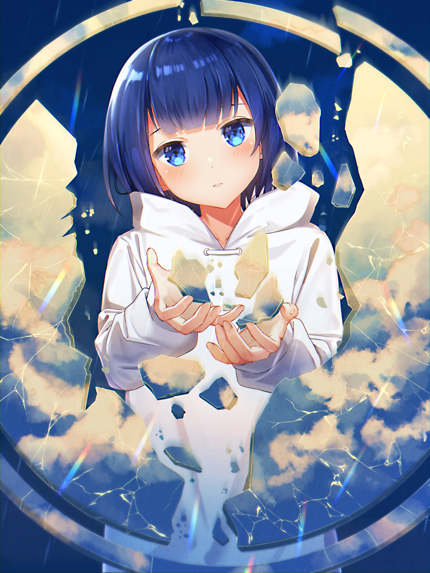 androgynous bangs blue_eyes blue_hair blunt_bangs blush commentary_request crack dark_background hachinatsu highres holding hood hood_down hooded_coat long_sleeves original parted_lips rain shatter shattered shiny shiny_hair short_hair solo upper_body vocaloid white_coat