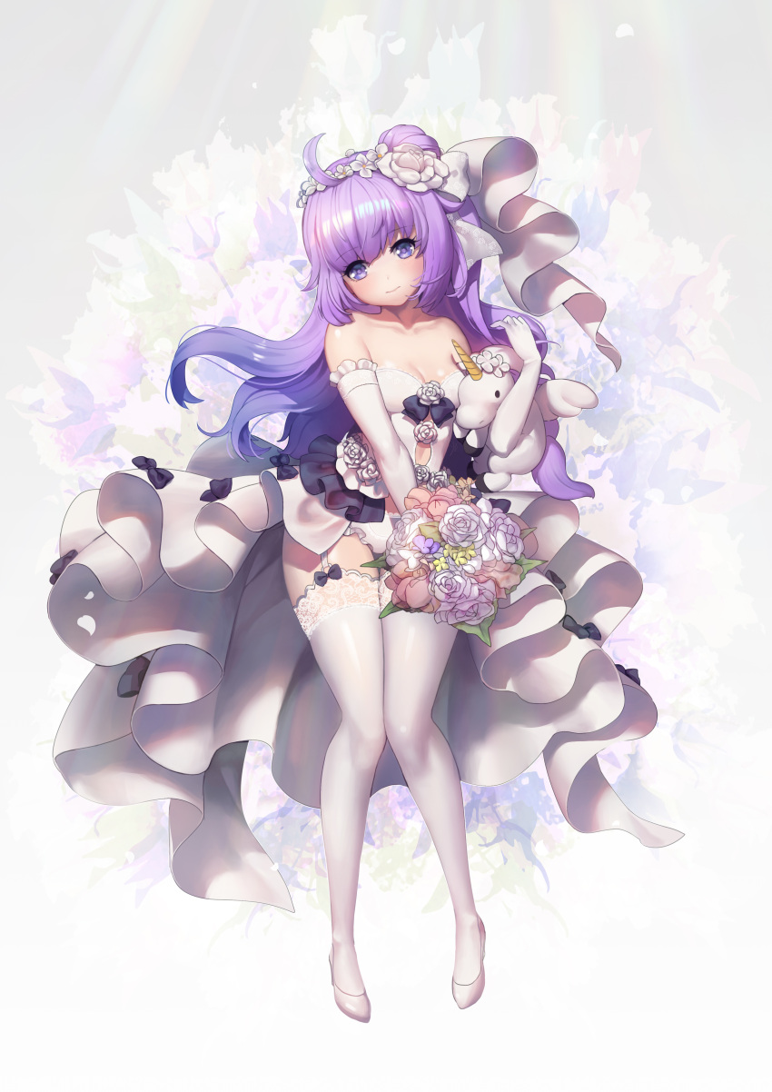 1girl absurdres azur_lane bare_shoulders blush bouquet closed_mouth collarbone dress elbow_gloves eyebrows_visible_through_hair flower garter_straps gloves highres holding holding_bouquet holding_stuffed_animal looking_away purple_hair solo stuffed_animal stuffed_toy stuffed_unicorn thigh-highs unicorn_(azur_lane) violet_eyes wedding_dress white_dress white_gloves white_legwear y.i._(lave2217)
