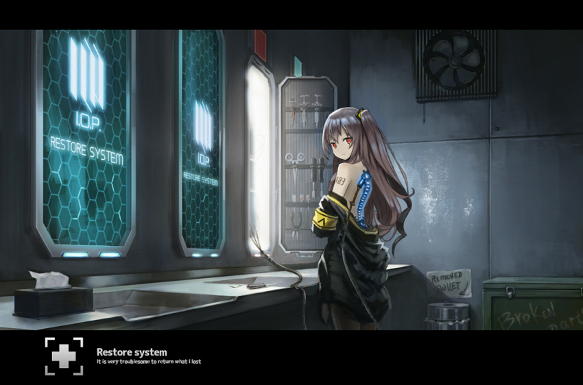 1girl android armband bangs black_legwear box brown_hair cable clothes_pull commentary_request first_aid_kit girls_frontline hair_between_eyes hair_ornament hin'yari_(kakukuru) hood hooded_jacket indoors jacket jacket_pull letterboxed long_hair looking_at_viewer off_shoulder one_side_up pantyhose partial_commentary pliers revision scar scar_across_eye scissors screwdriver sink skirt tissue_box ump45_(girls_frontline) yellow_eyes